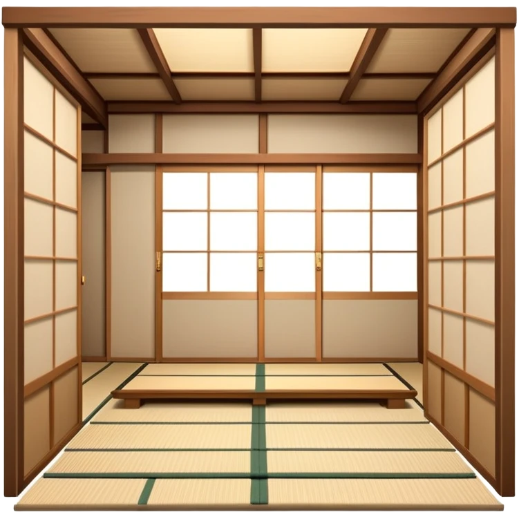 Traditional Japanese house with wooden structure, sliding shoji doors, tatami mats emoji