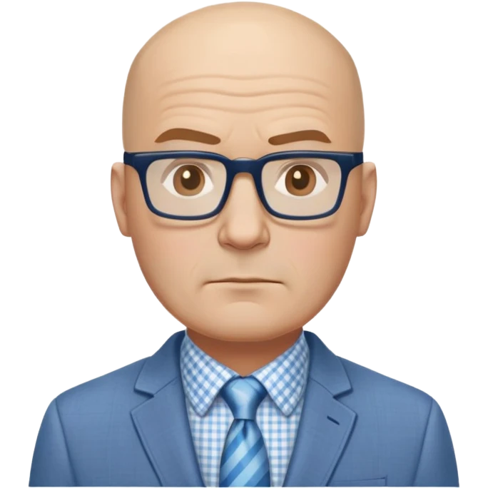 Larger 50-year-old man with wide square face. Male pattern baldness with hair only on top/crown of head, completely bald sides. Large dark square glasses. Serious expression. Light gray blazer, white shirt with blue checkered pattern. emoji