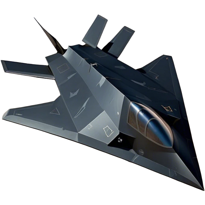 F-117 Nighthawk - Lockheed Martin (Stealth Grey) A futuristic stealth attack aircraft with a distinct faceted, angular design in a stealthy matte grey. Its sharp, jagged edges and unconventional, almost alien-like shape make it look like a shadow cutting through the night sky. The surface should appear non-reflective with subtle panel lines. emoji