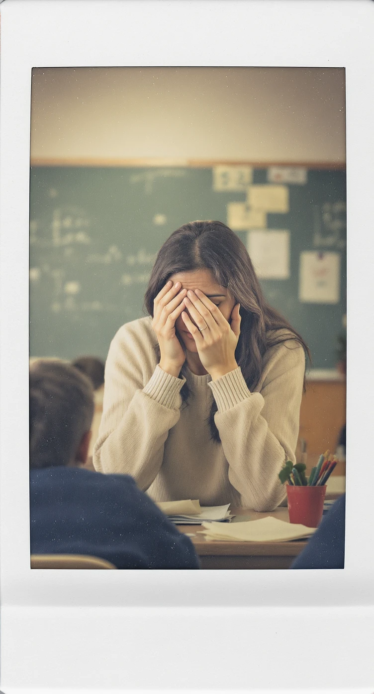 exhausted teacher in a bustling classroom emoji