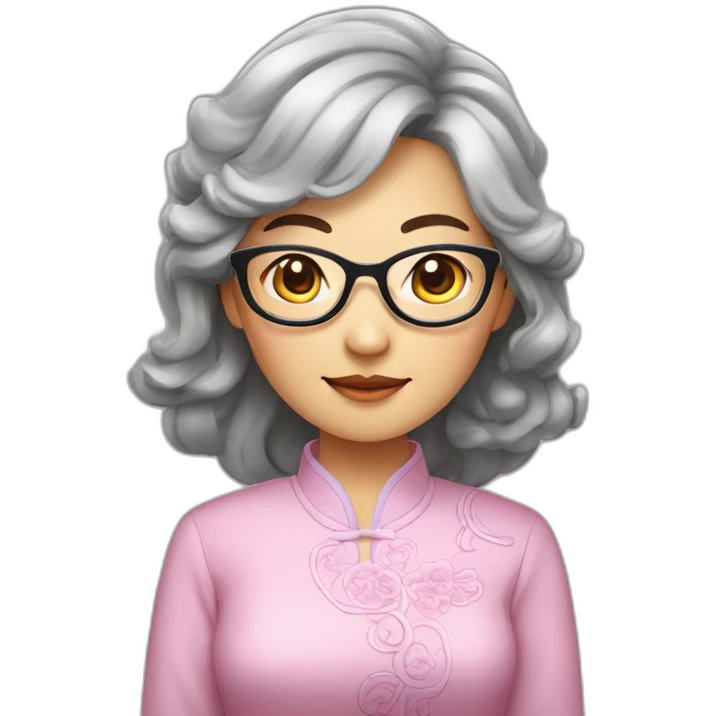 Chinese lady with like Lai gray hair wavy hair to the shoulder length where Chinese dress colourful dress wear glasses emoji