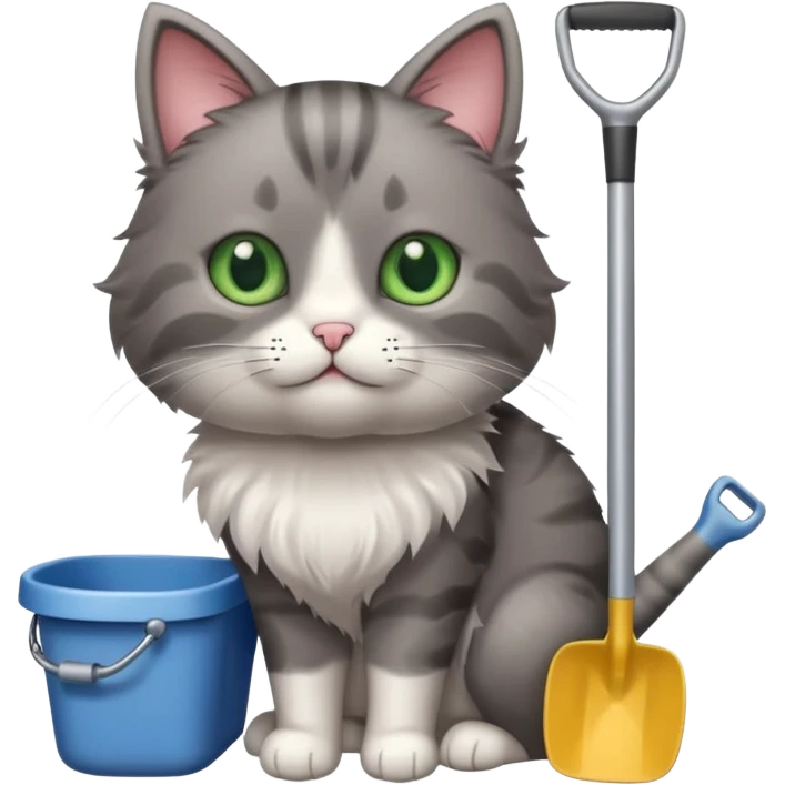 A very cute cat holding a toilet shovel, a litter box beside it emoji