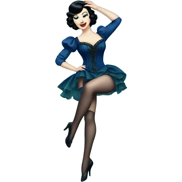 Burlesque dancer wearing blue with black hair, pale skin, and green eyes in a dark blue vintage costume dancing emoji