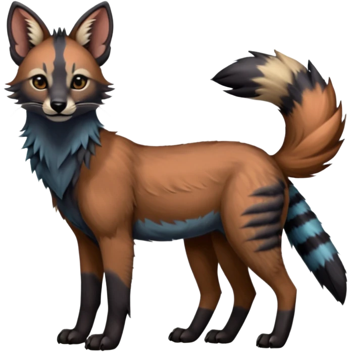 Realistic edgy bluish greyish blackish whitish silvery coppery Shiny Colorful Dusky Dark Gloomy Glossy Aardwolf-Maned-Wolf-Caracal-Lion-Bobcat-fusion-animal-hybrid-creature, full body, tufted ears, long thin tufted tail emoji