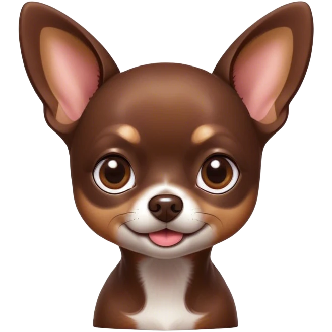 Cinematic Cute Chocolate Short Haired Chihuahua Portrait Emoji, Head tilted playfully and inquisitively, smooth chocolate fur with a lustrous sheen, round, sparkling dark eyes filled with curiosity, Simplified yet irresistibly adorable features, highly detailed, glowing with a warm, friendly glow, high shine, affectionate and lively, stylized with a touch of whimsy, bright and endearing, soft glowing outline, capturing the essence of a mischievous yet loving pup, so playful it feels like it could bound out of the screen and into your arms! emoji