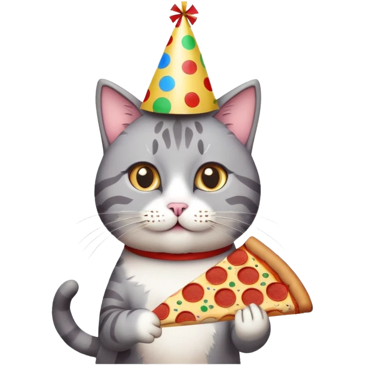 cat with a party hat, confetti around, holding a slice of pizza, college party vibe emoji