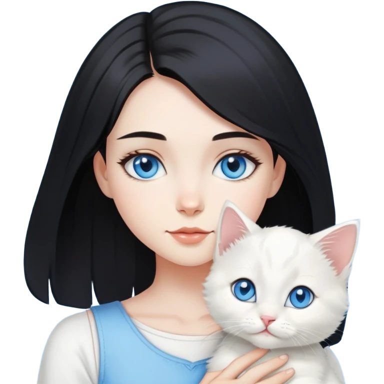 Chica con pelo negro hasta los hombros con gatito blanco con ojos celestes  emoji