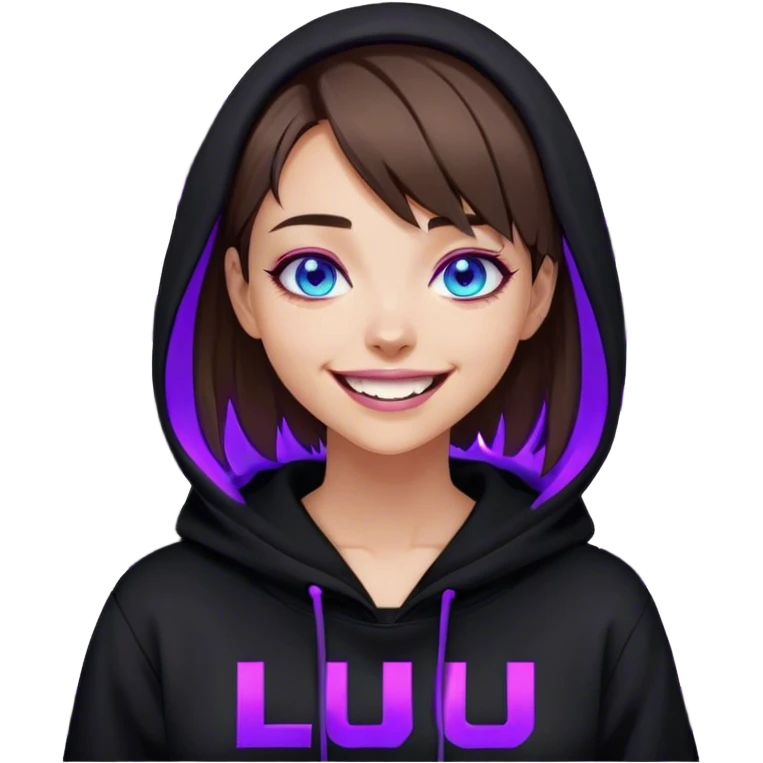 brown haired girl with a bob and blue eyes wearing black hoody with violet letters "Lu", laughs. Cyberpunk style. Violet neon. emoji