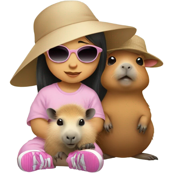 Asian baby girl with hat and sunglasses with capybara  emoji