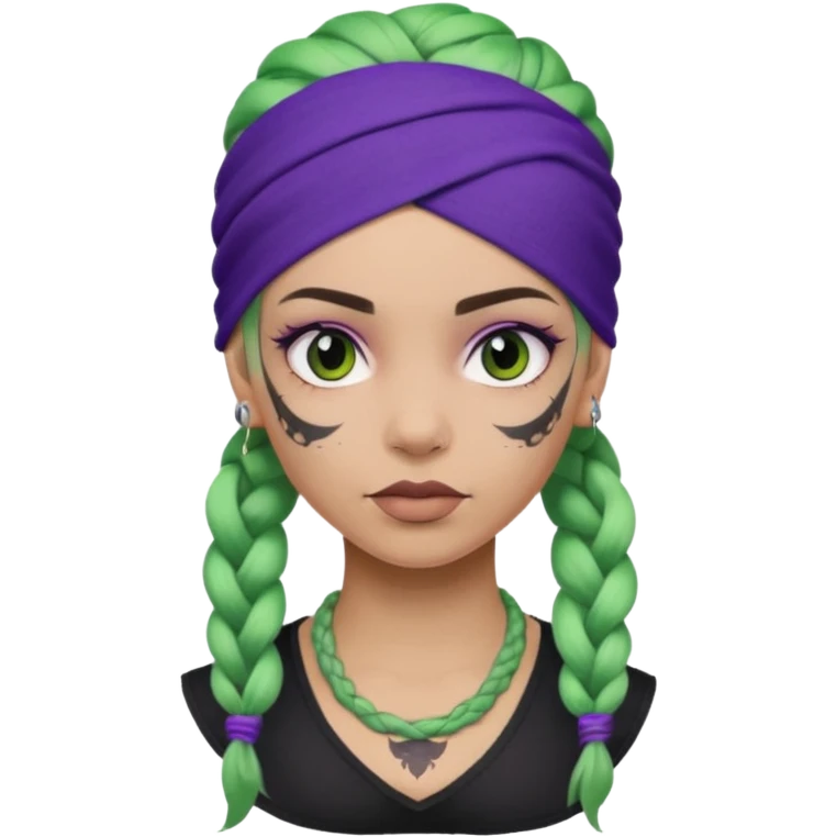 green braided hair with purple head bandana and lots of face tattoo girl emoji