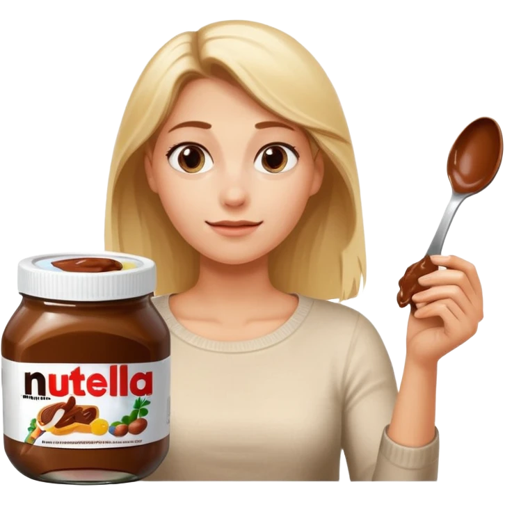 Nutella with a spoon. The glas of Nutella is almost empty . Only the one carriage of Nutella. Next to the Nutella is the head of a blond woman who is looking forward to eat the Nutella  emoji