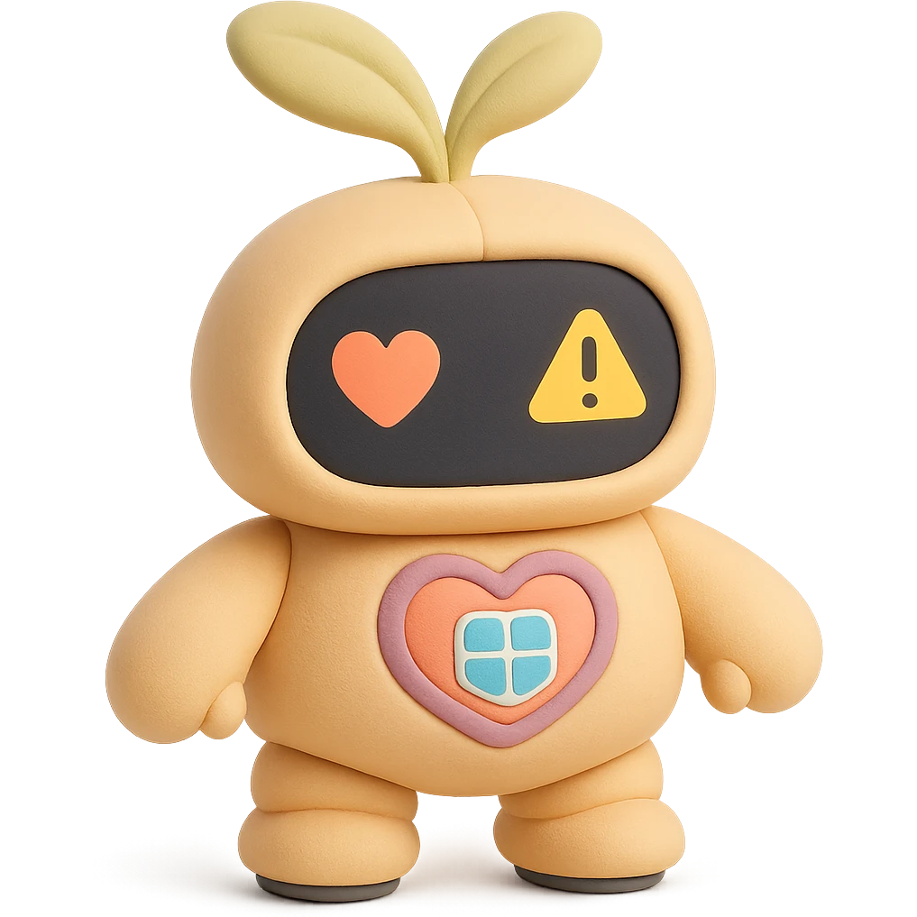 Plushy, rounded seedling robot with soft, plush-like forms. Its body resembles a young sprout with smooth lines. Large round sensor-display eyes that change expressions (❤️ for good harvest, ⚠️ for problems). Two movable leaf antennas on the head that move when working (one twitches when collecting data, both rise up when analysis is successful). On the chest — a stylized heart with solar panels that glows softly when charging. Short, slightly clumsy arms and legs like a baby robot. On the paws — suckers or tiny wheels to "roll" around the greenhouse. emoji