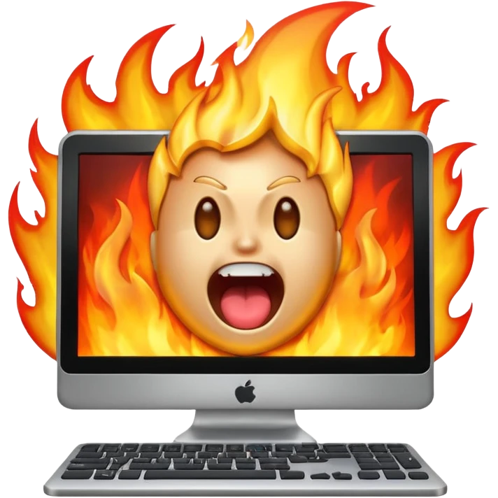 a computer screaming in excitement, fire behind it emoji
