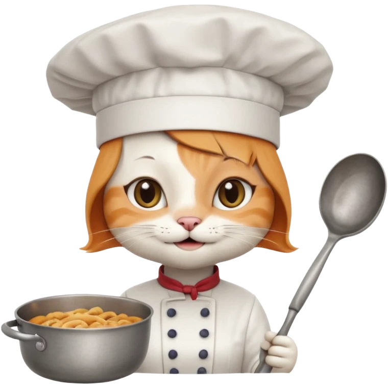 White girl cat with a chef hat holding a pan while smiling emoji