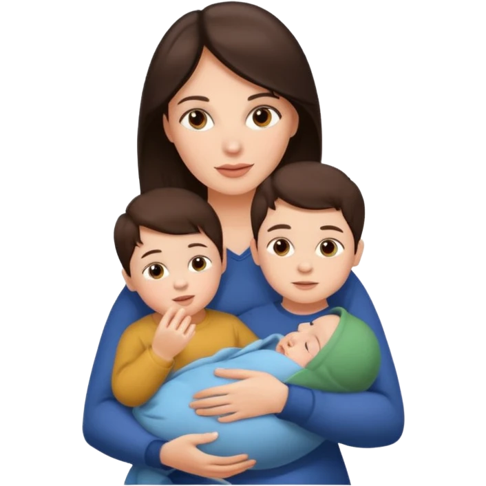 Beautiful Brunette Mother holding a baby and two sons, realistic  emoji