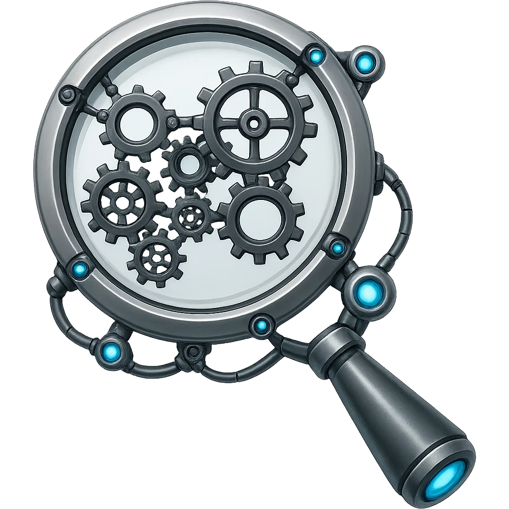 Make this magnifying glass look robotic with metallic textures, robotic joints, and glowing blue accents. Keep the emoji style and no background. emoji