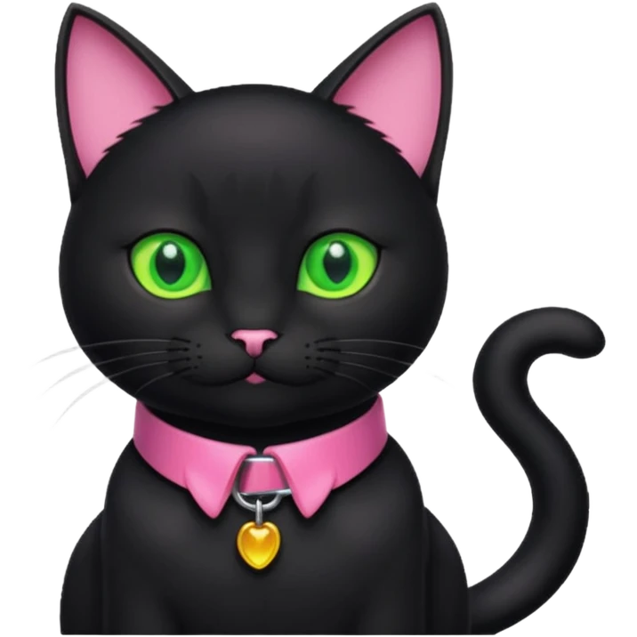 Bir siyah renkli kedi gözleri yeşil ve oturuyor boynunda pembe tasma vae emoji