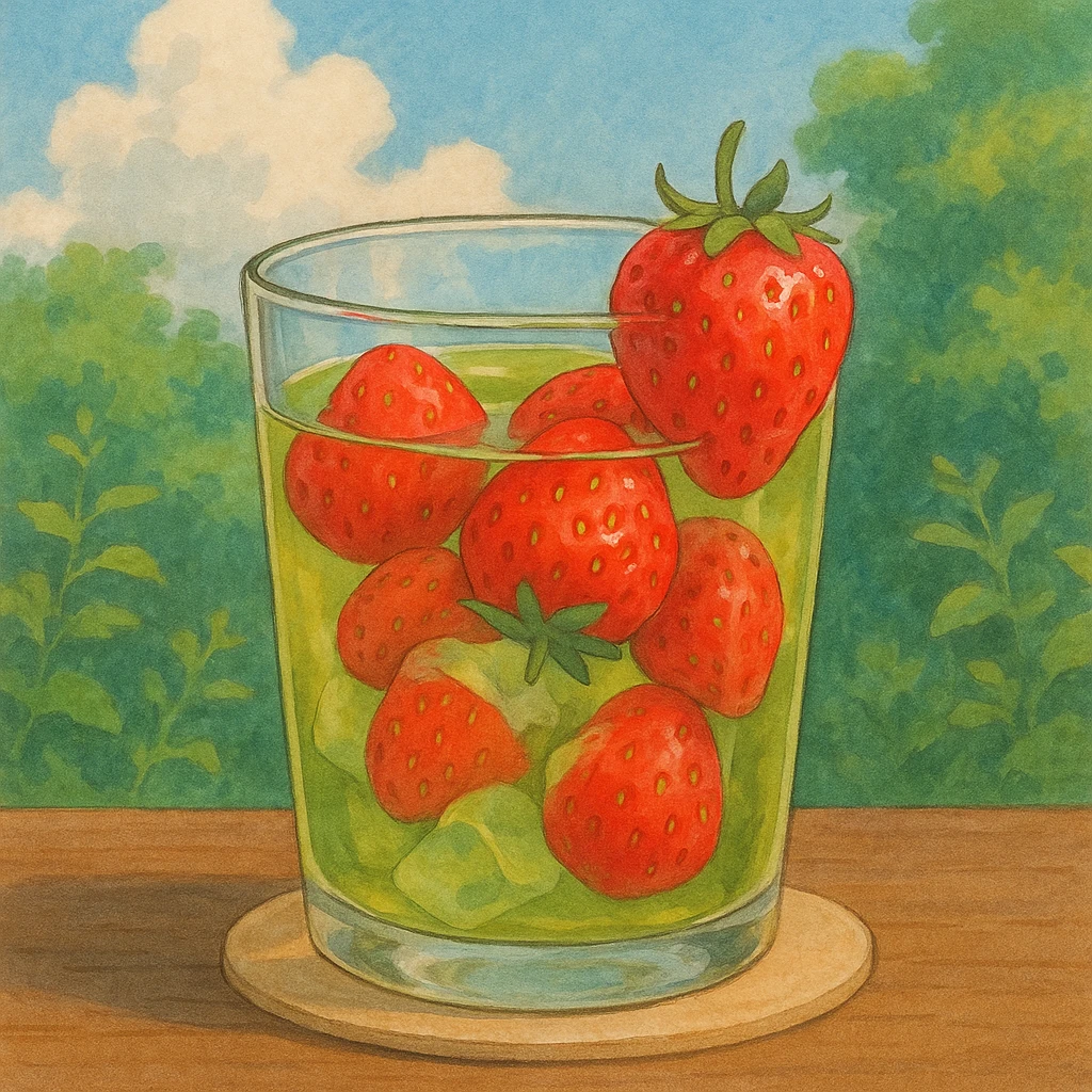 realistic glass of green tea with strawberries in ghibli style emoji