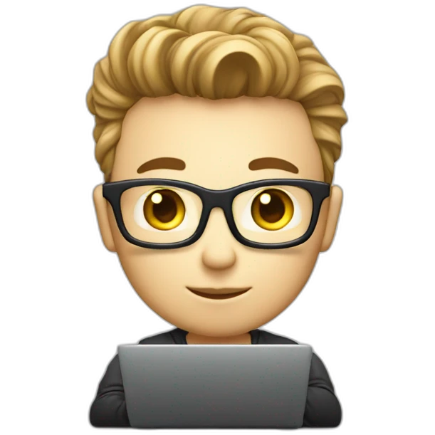 Cute programmer on his laptop, white skin, looking front, with a quiff emoji