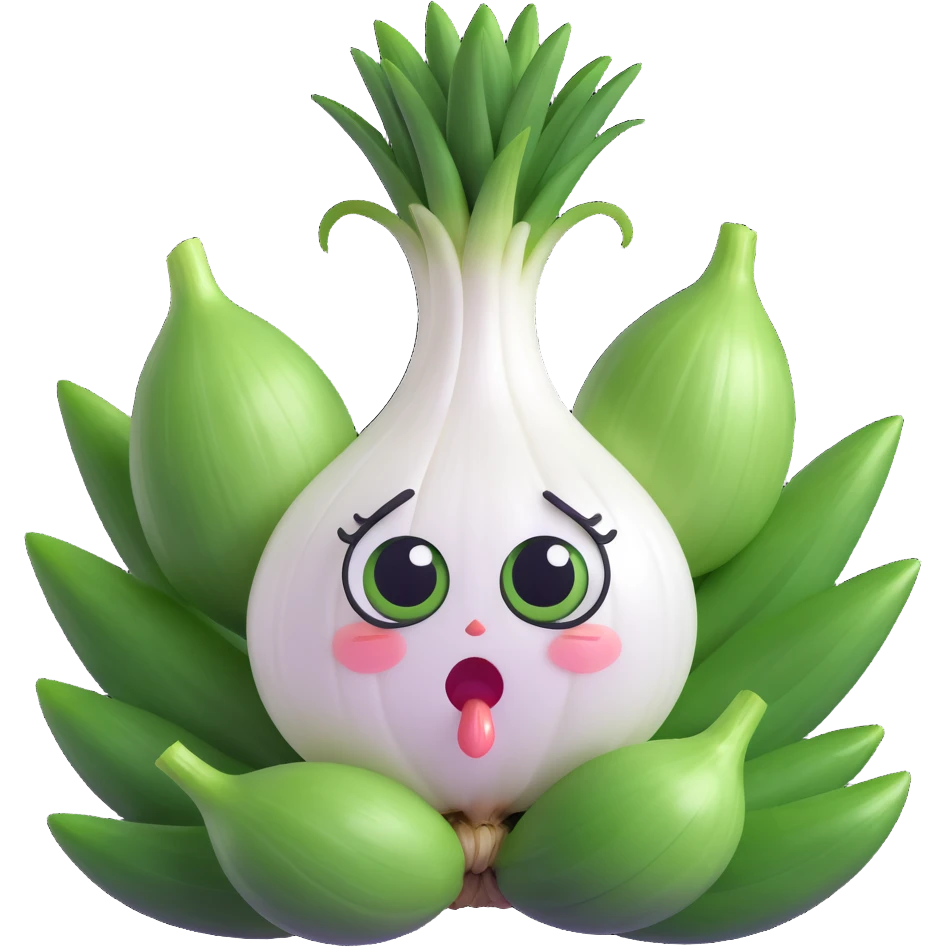 adorable anthropomorphic green onion, 3D chibi style, round white onion body, large expressive eyes, green leaves as hair, exaggerated crying with onion juice tears spraying, humorous and expressive, pastel kawaii, soft smooth textures, high quality lighting emoji