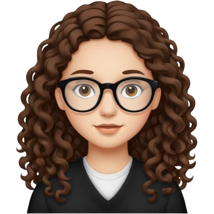 white teen girl with long brown curls and black frame glasses emoji