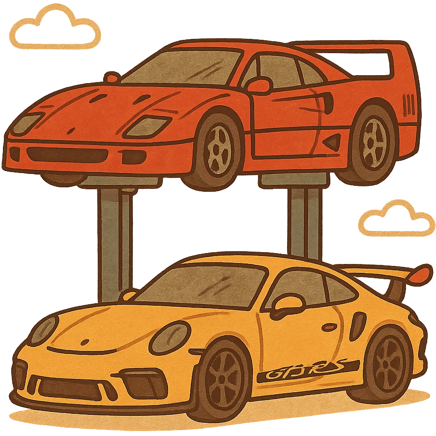 cartoon front view, Ferrari F40 on a car lift, yellow Porsche GT3 RS below, transparent background, playful style emoji