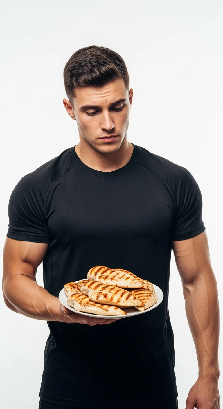 uomo fitness CHE TIENE UN PIATTO DI PETTO DI POLLO GRIGLIATO IN MANO E LO GUARDA DUBBIOSO, ISOLATO SU SFONDO BIANCO emoji
