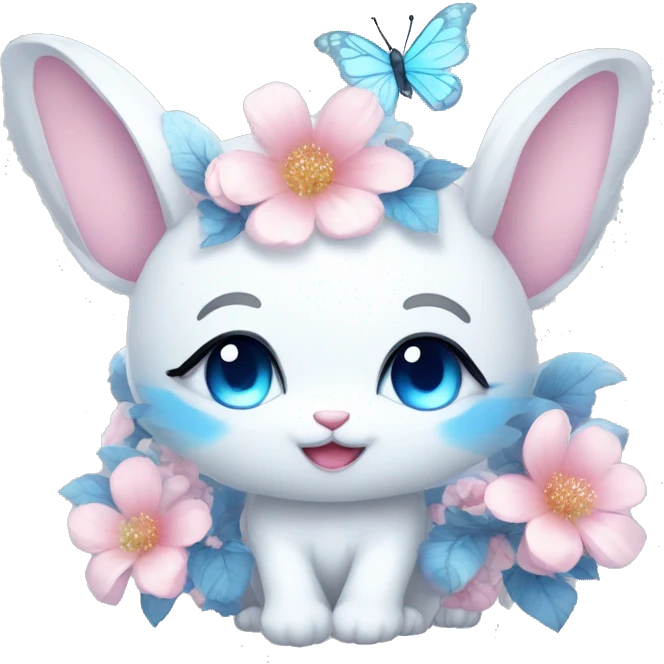 Edgy Cute Cool Kawaii gorgeous sparkly ethereal white fantasy animal with blue eyes sona with flowers and butterflies emoji