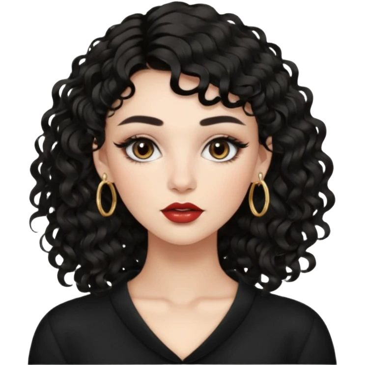 Woman with thick black wavy 2b hair and curly bangs, light eyes, fair skin, defined brows, high cheekbones, full lips, septum ring, soft glam makeup, confident expression. emoji
