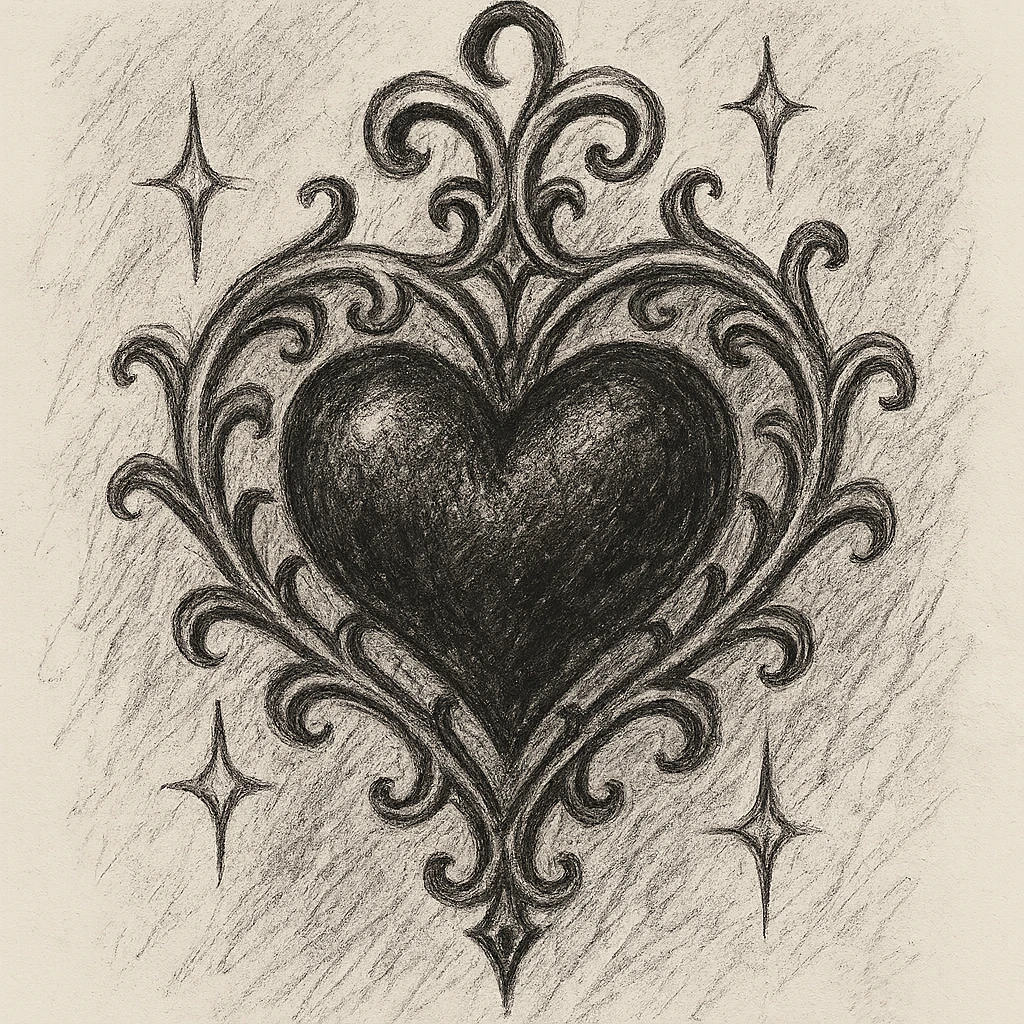 gothic heart with sparkles, ornate, dark, elegant, pencil sketch style emoji