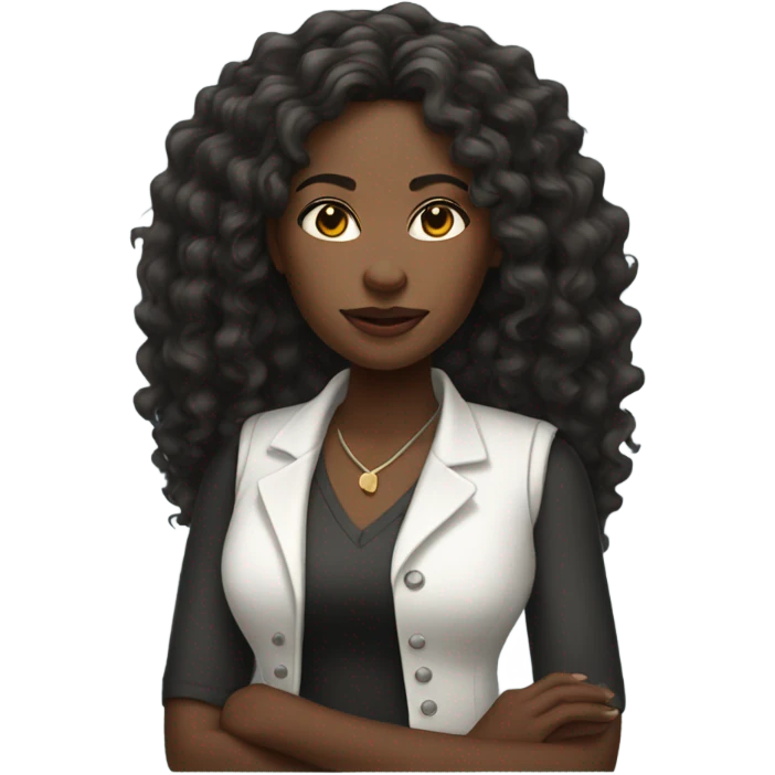 Black woman with long curly hair wearing a white vest emoji