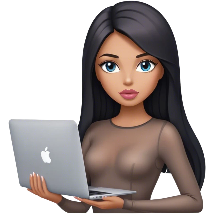 Glamours, tanned, very beautiful girl, with big pump peach-beige-rose lips, black straight smooth silky long hair, straight parting, blue-grey eyes, in bodysuit holding MacBook emoji