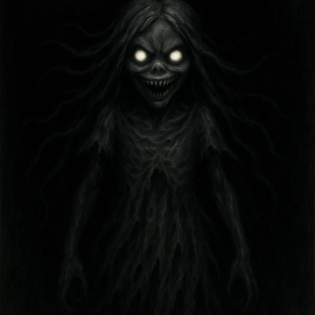 Make the girl ghost even scarier by intensifying the glowing eyes, adding a twisted mouth, and making the dress more ragged. Keep the dark background and style consistent. emoji