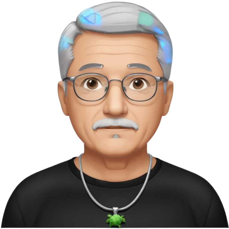Tony Barceló is a large, strong, lively man in his 70s with short, neatly combed gray hair and a trimmed goatee. broad round face, square glasses, and a confident presence. a black outfit with a silver turtle necklace, reflecting his thoughtful, creative energy as a writer. a stubble  emoji