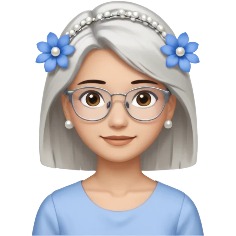  Emoji of a smiling girl with neck-length straight brown hair, fair tan skin, brown eyes, soft black brows, wearing silver glasses, pearl earrings, white hair clips, and blue flowers in her hair. She's in a clean white dress or shirt, with a soft clean girl aesthetic on a white background emoji