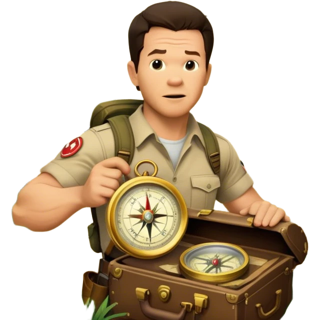 A vintage movie poster-style collage. Include action-packed elements like a treasure map, jungle scenes, a rugged explorer with a compass and a speeding jeep. Add a shadowy figure resembling close-up Mark Wahlberg in adventurous gear. Jungle background. Transparent background. emoji