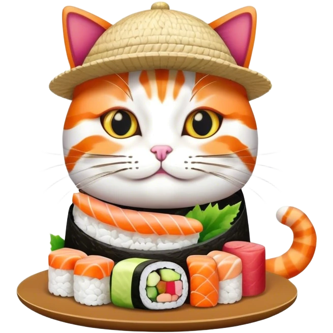 cat wearing a hat made out of sushi emoji