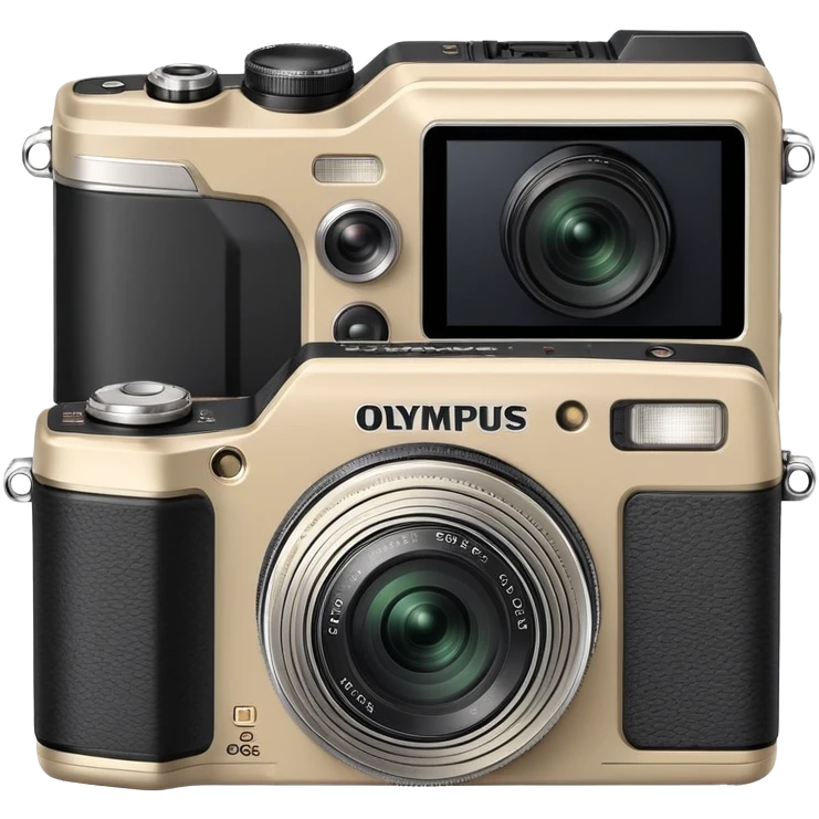 Olympus Superzoom 70G camera, grayish-beige color, accurate representation with correct proportions and silhouette, compact rectangular body with rounded edges, small viewfinder, built-in flash unit on top, lens with zoom functionality, exactly matching the real Olympus Superzoom 70G design emoji