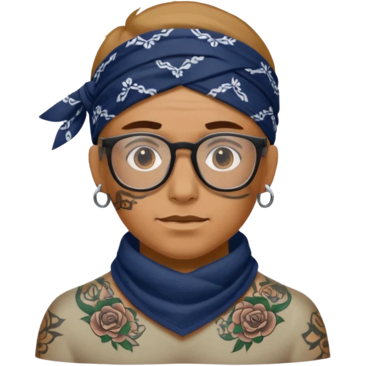 character with bandana and glasses and tattoed emoji