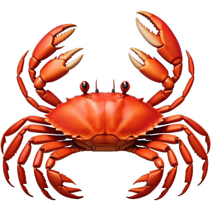 Cinematic Realistic Noble Crab Portrait Emoji, Poised and commanding, with a robust, angular build and a vividly red, textured exoskeleton naturally forming a distinctive face with expressive eyes, rendered in lifelike detail with realistic sandy accents, high shine, intelligent and resolute, styled with an air of coastal authority, focused and attentive, soft glowing outline, capturing the essence of a watchful and confident crab that appears ready to scuttle out of the screen with effortless power! emoji