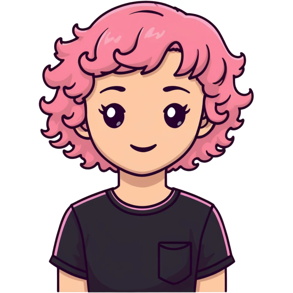 crie uma menina com cabelo cacheado castanho e mechas rosas, com um franja lisa bem pequena e uma blusa preta, a menina tem pele clara e olhos castanhos emoji