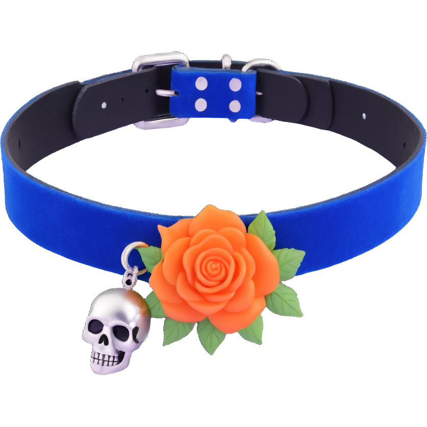 gothic choker with royal blue velvet band, silver skull charm, blue rose centerpiece, dramatic and gothic emoji
