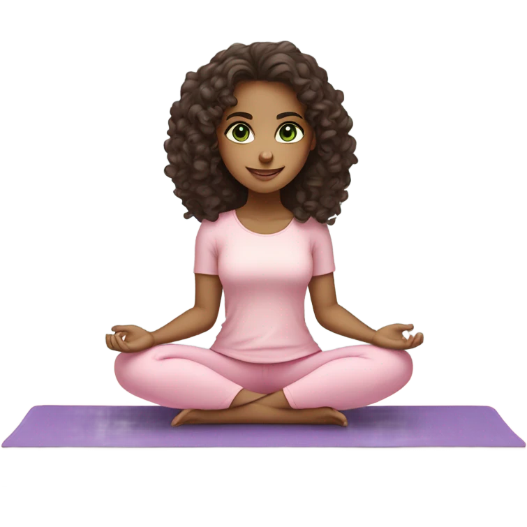 Dark brown long curly hair and green eyes yoga beautiful girl in light pink pink pink clothes sitting on a yoga mat emoji