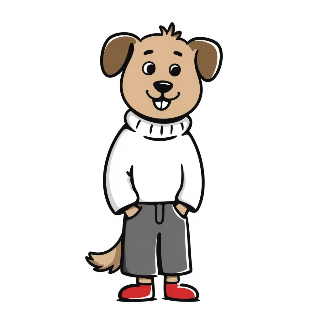 Brown dog standing upright with hands in jean pockets, wearing a white sweater and red shoes emoji