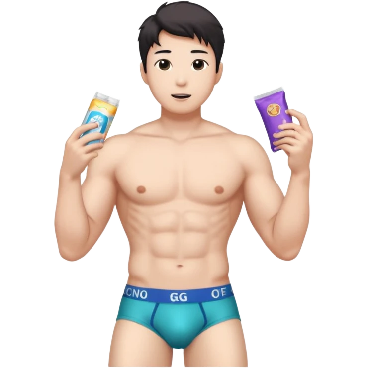 Male shirtless white skin Asian korean six pack sexy big dih lean full body without pants hold condom and jerking off with a little bit hair upper underwear  emoji