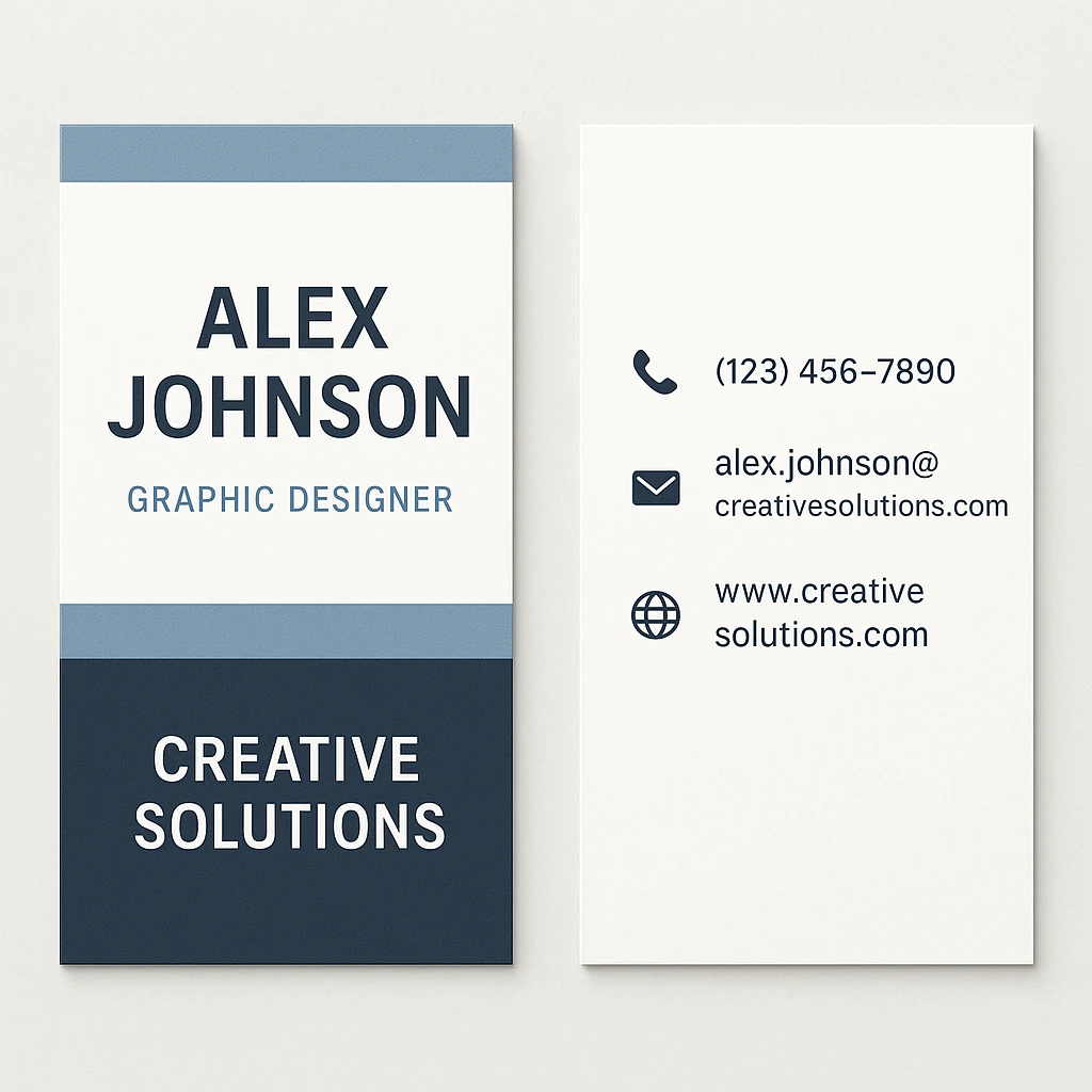 A modern and professional business card for Alex Johnson, Graphic Designer at Creative Solutions. The card should include the name, job title, company name, phone number (123) 456-7890, email alex.johnson@creativesolutions.com, and website www.creativesolutions.com. Use a clean, modern design with a professional color scheme. The card should have a vertical layout. emoji