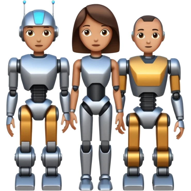 One person is waist-deep, next to simplified forms of robots or manipulators without details, the lines are clean and geometric. emoji