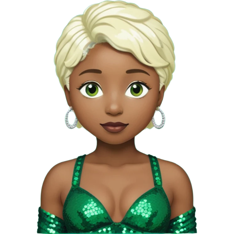 Cynthia Erivo with platinum blonde hair, dark sequin bra, dark green sequin baggy pants  emoji