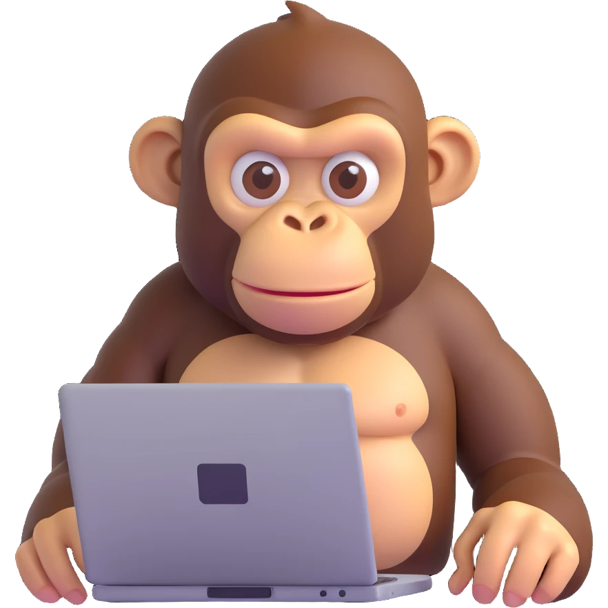 ape facing a computer, looking like a software programmer, 3D emoji style emoji
