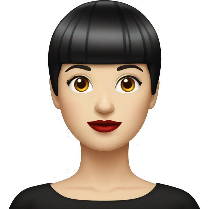 And adult white woman with a black bowl cut haircut and red lips emoji